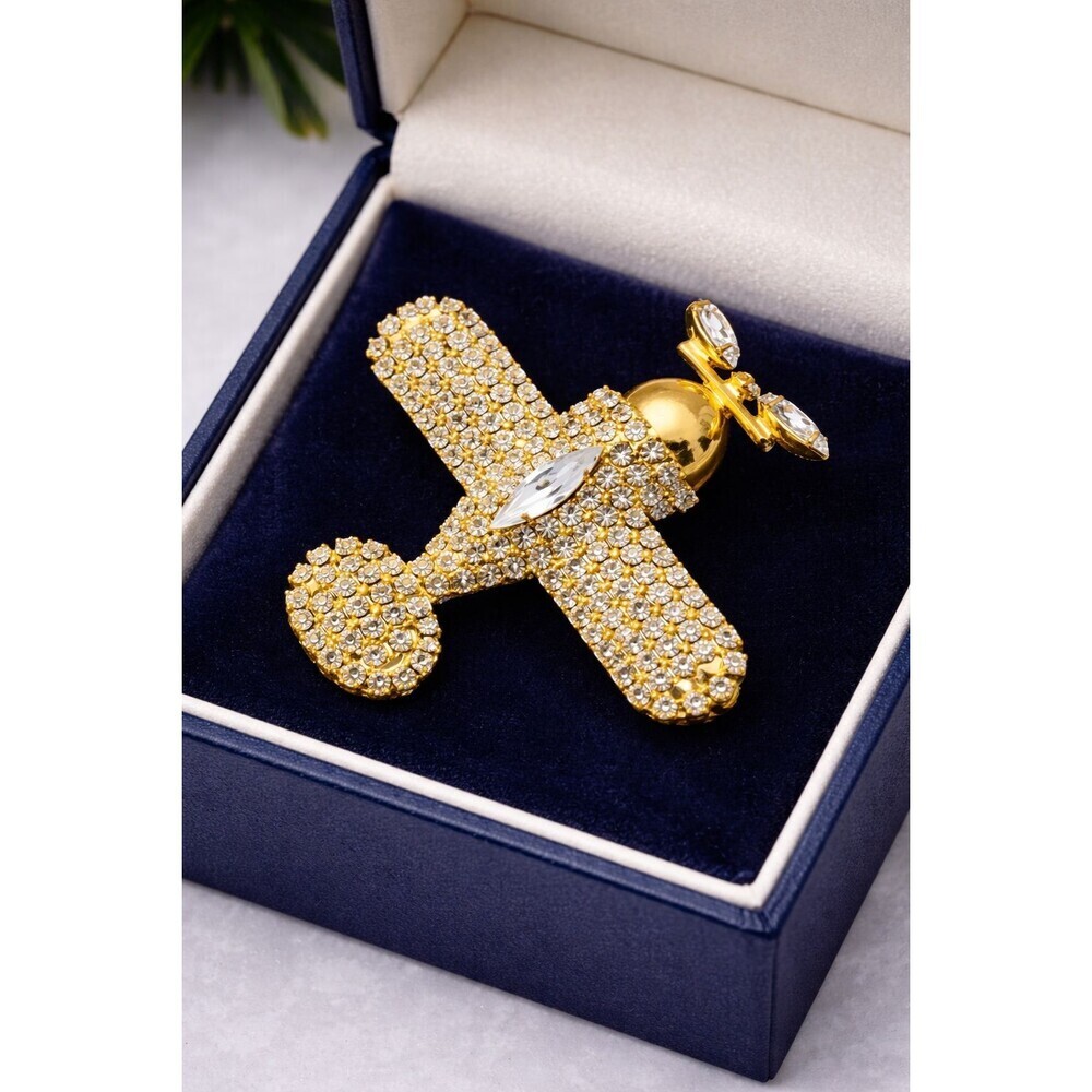 Gold Tone Rhinestone Airplane Brooch Pin Sparkly Crystal Biplane Travel Flight - Picture 1 of 3